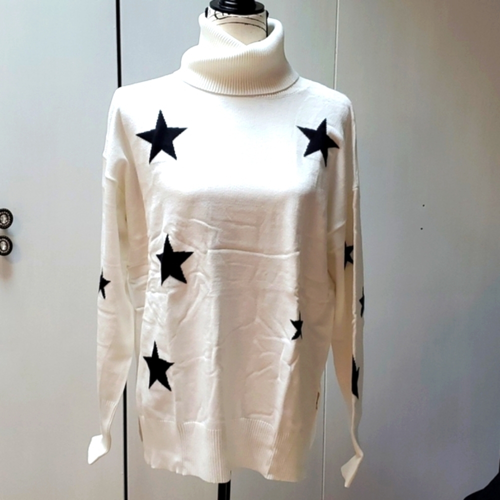 Boutique |Womens Novelty Star Sweater White With Black Stars Edgy Trendy Sz.L
